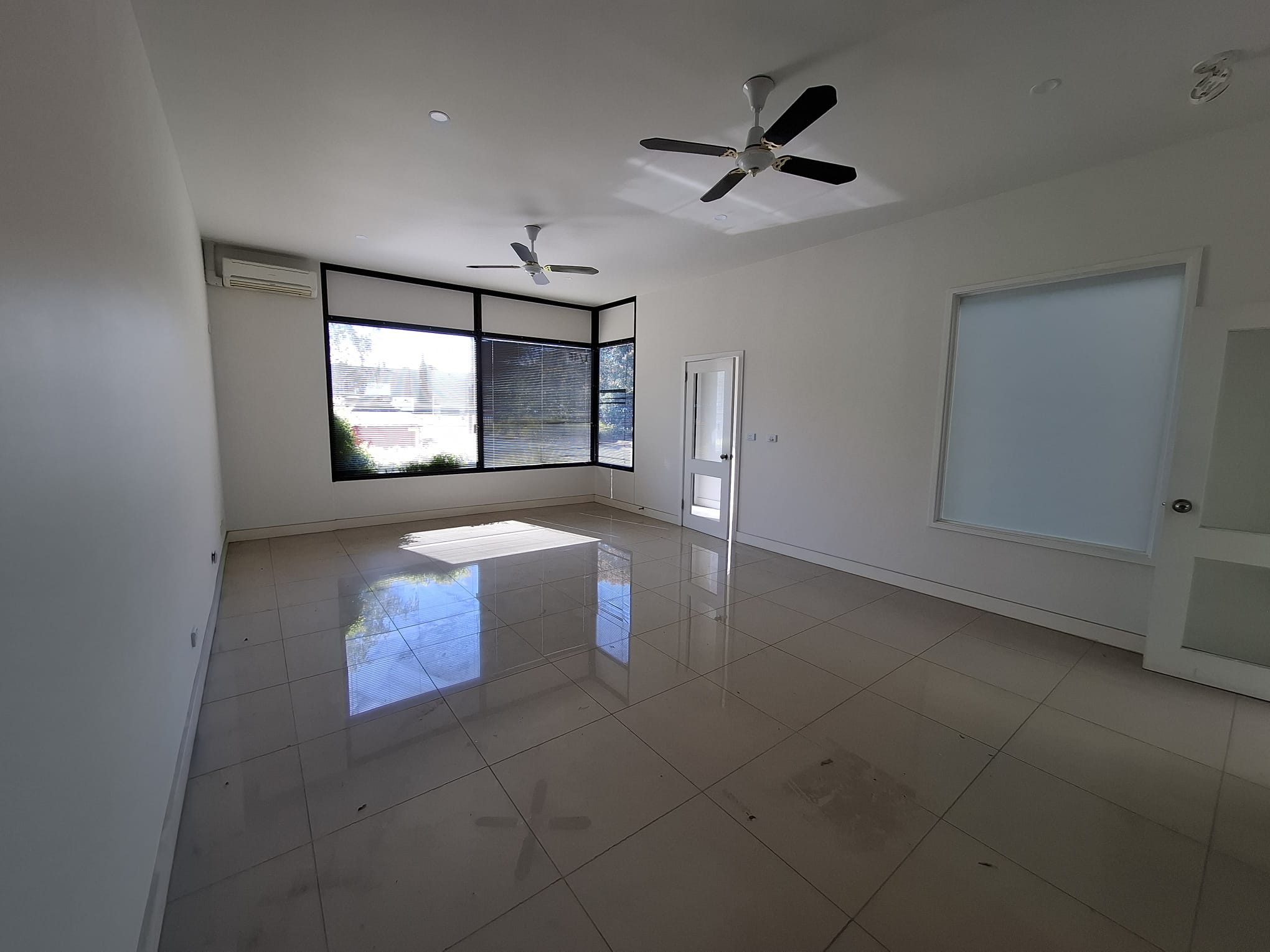 Commercial room with white walls, ceiling, doors and skirting beside black-framed windows.