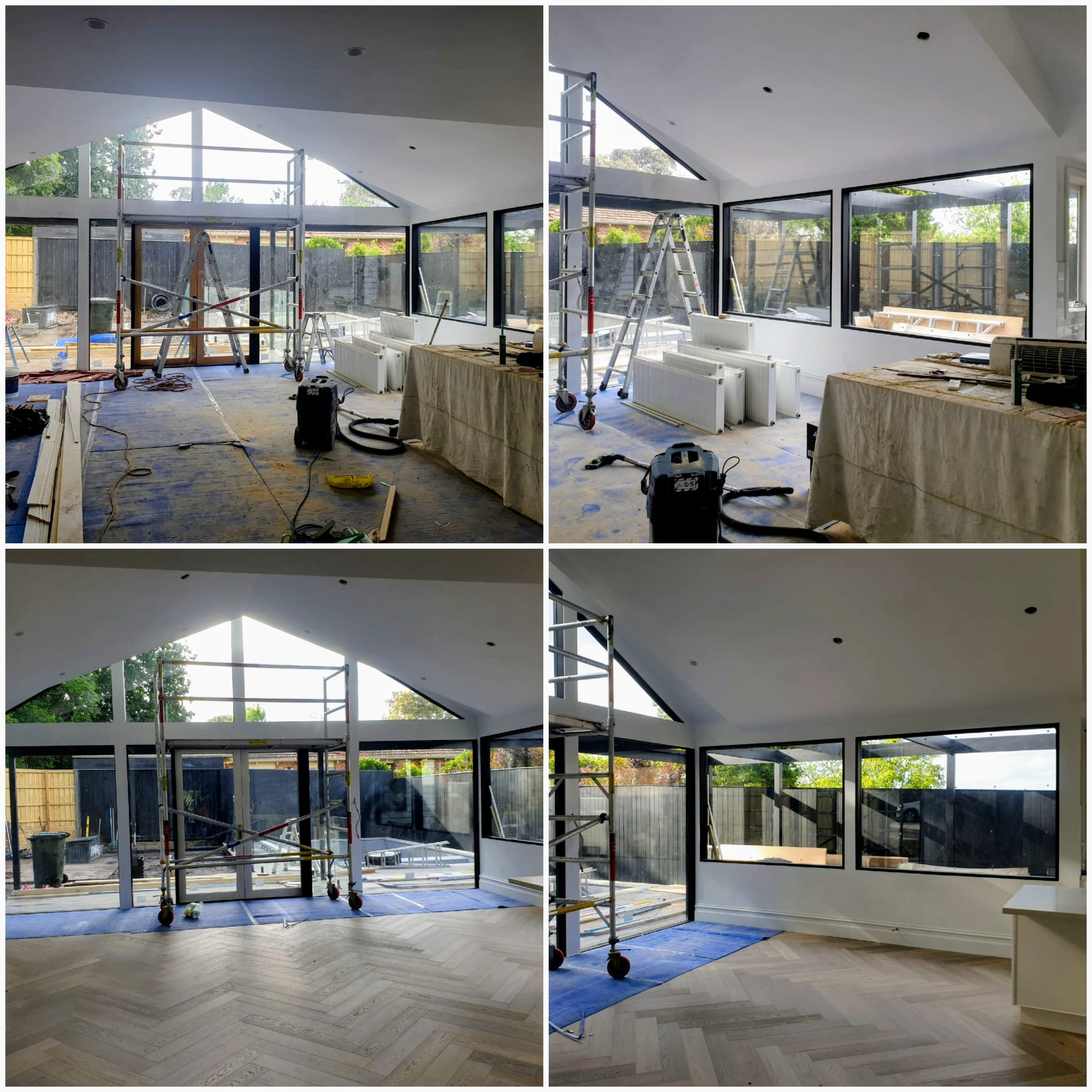 Interior painting preparation with scaffolding and protected floors