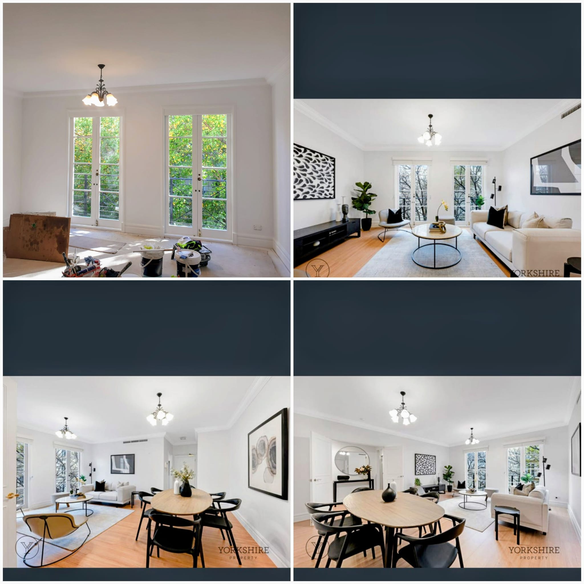 Bright interior rooms with painted white walls