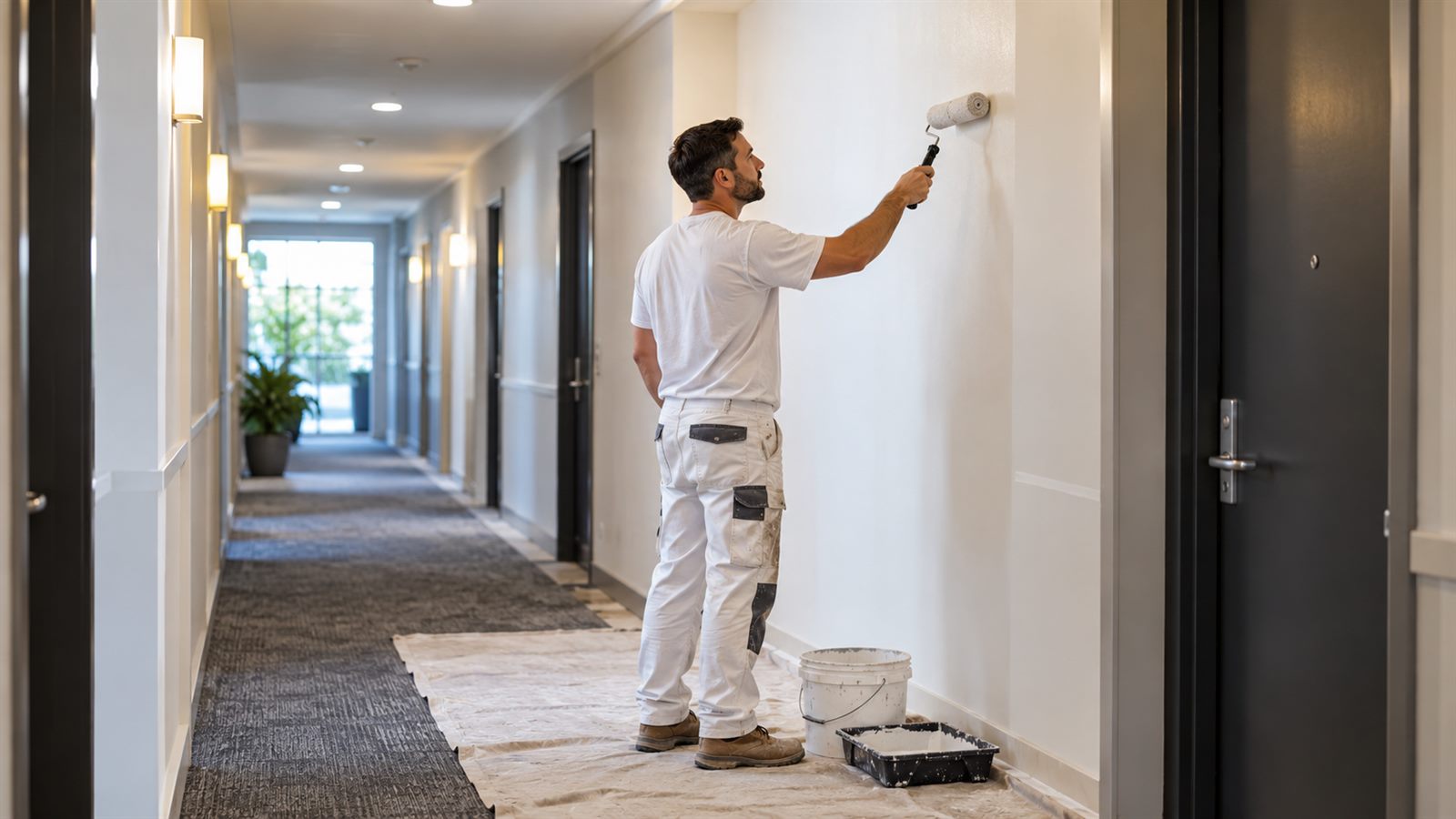 Painter working in an apartment common-area hallway in Melbourne
