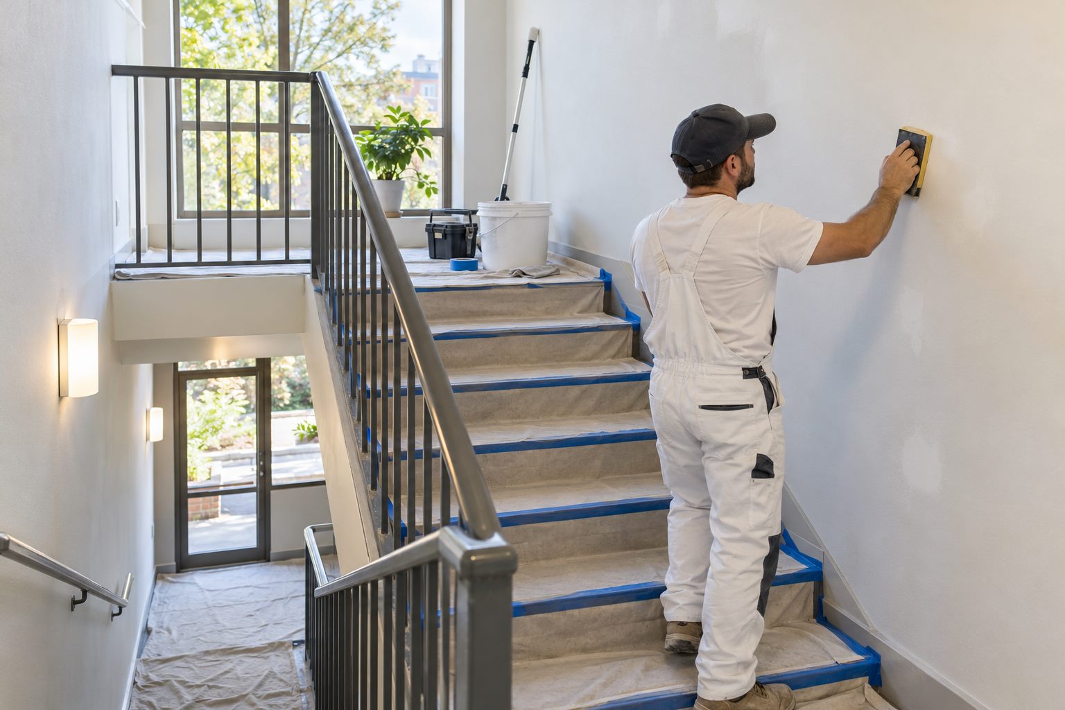 Painter preparing an apartment stairwell with protected steps in Melbourne