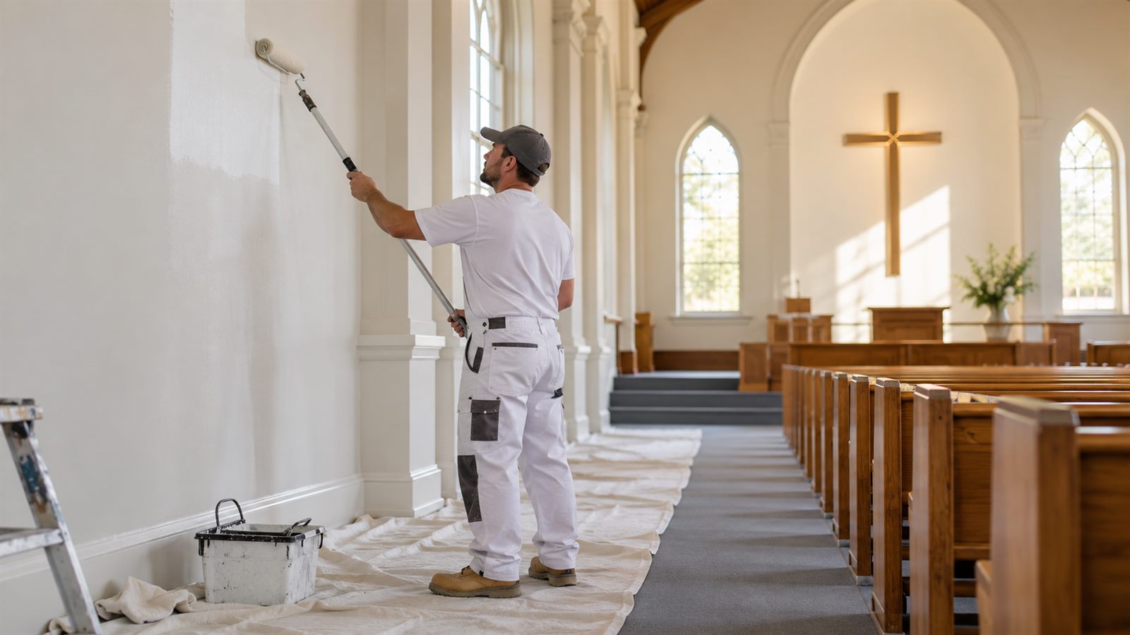 Painter working inside a church or worship hall in Melbourne