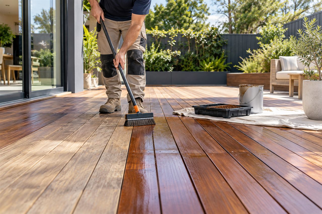AI-generated illustrative image of applying decking oil to timber