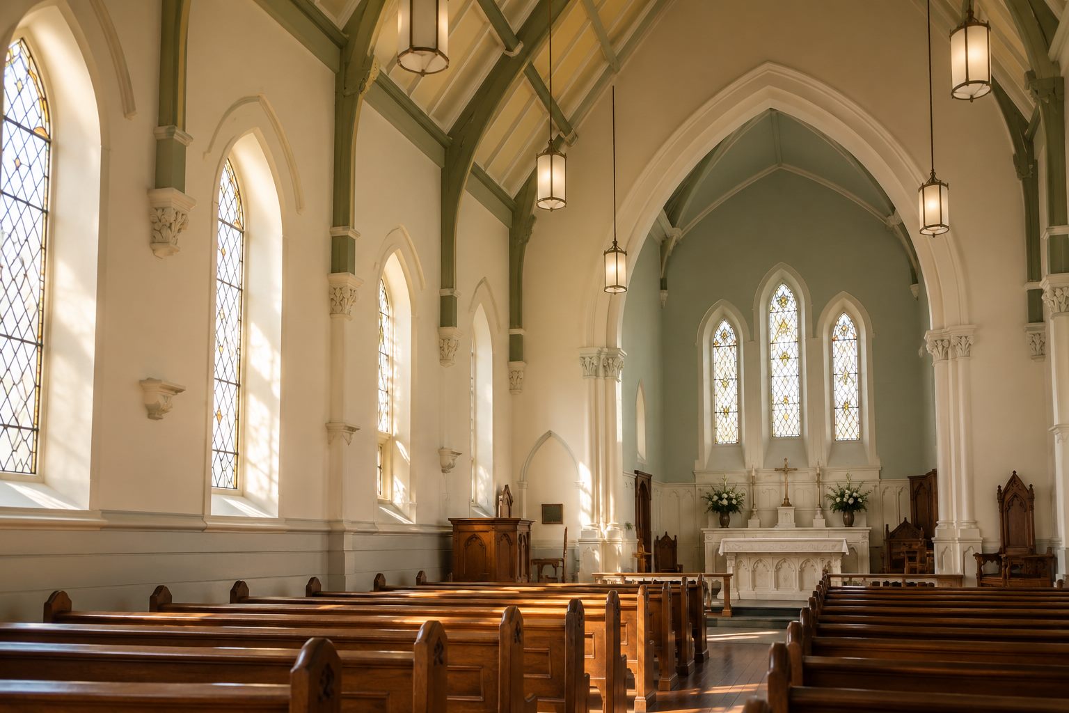 Older character worship-building interior with painted architectural surfaces in Melbourne