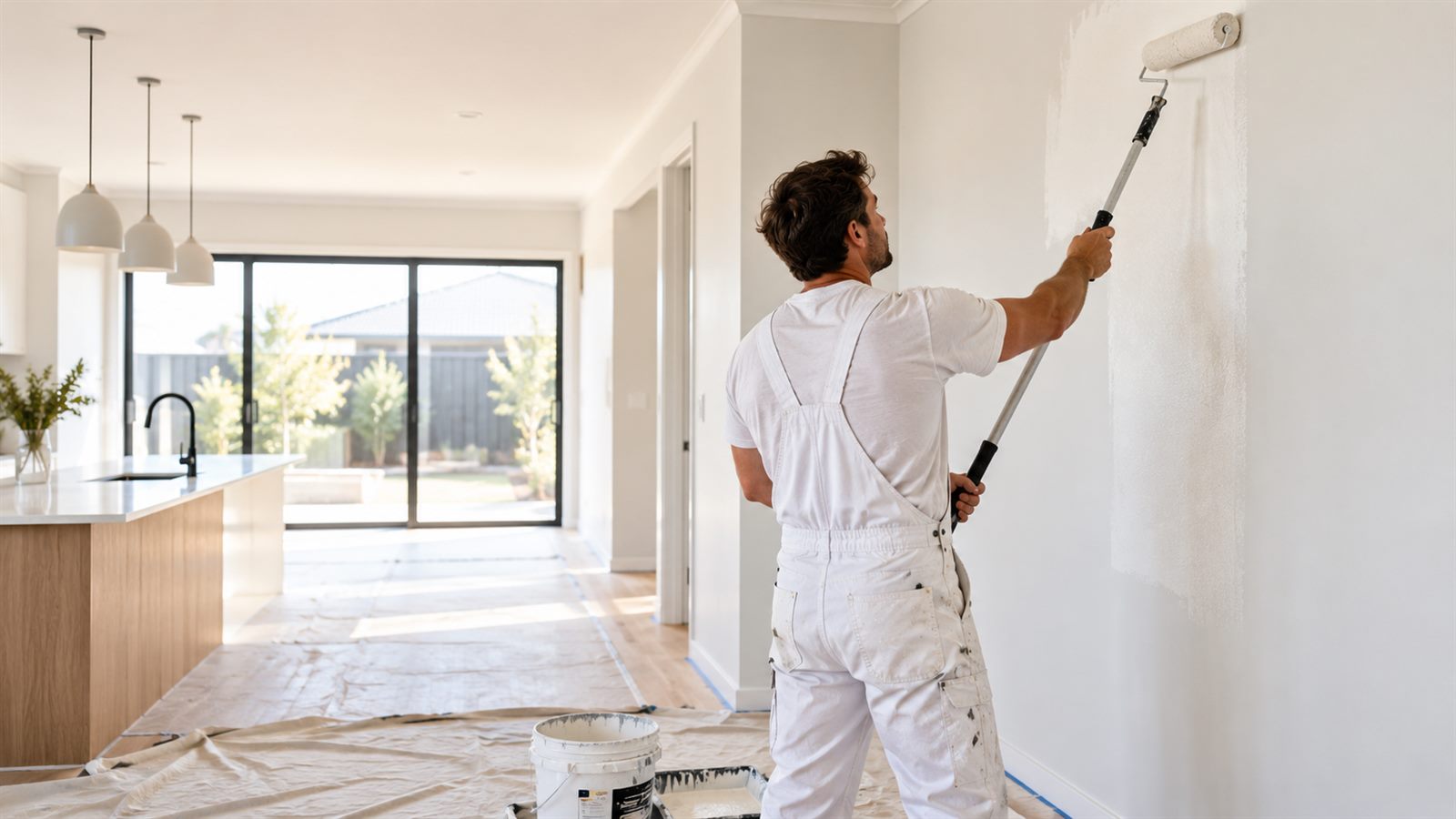 Painter applying a fresh finish inside a newly built Melbourne home