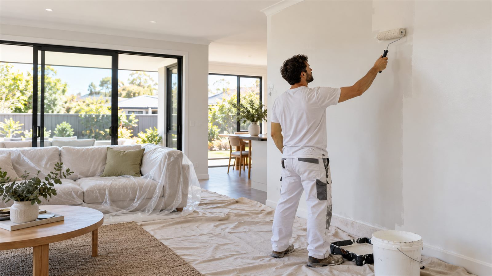 Painter preparing an interior wall in a Melbourne rental property