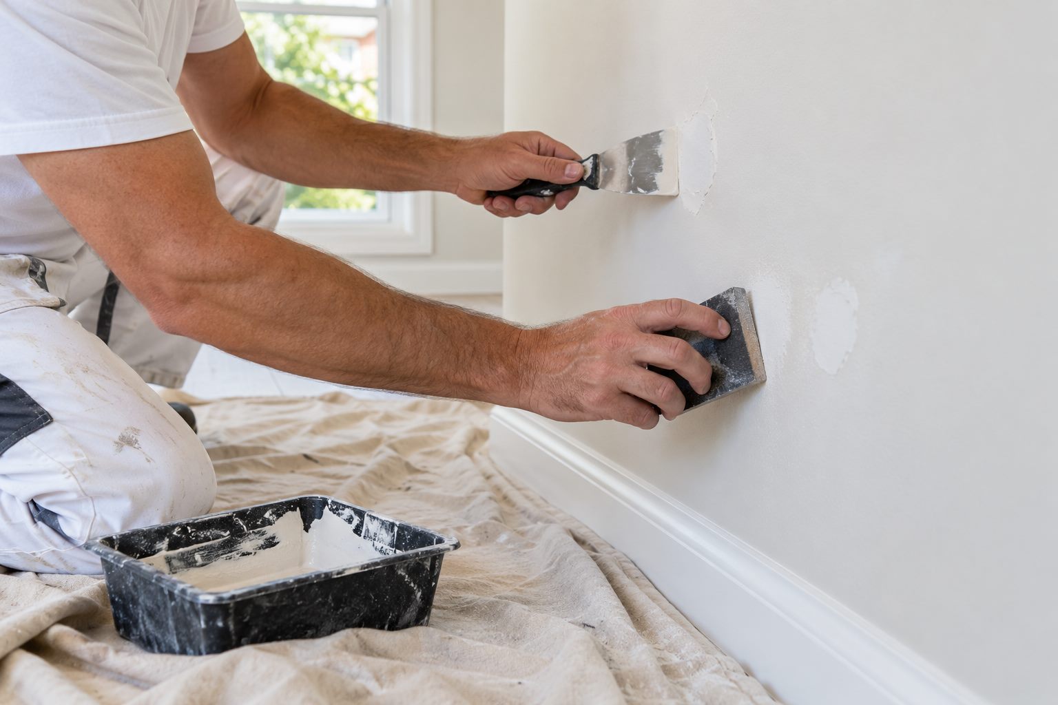 Painter completing minor filling and sanding before repainting a Melbourne rental property