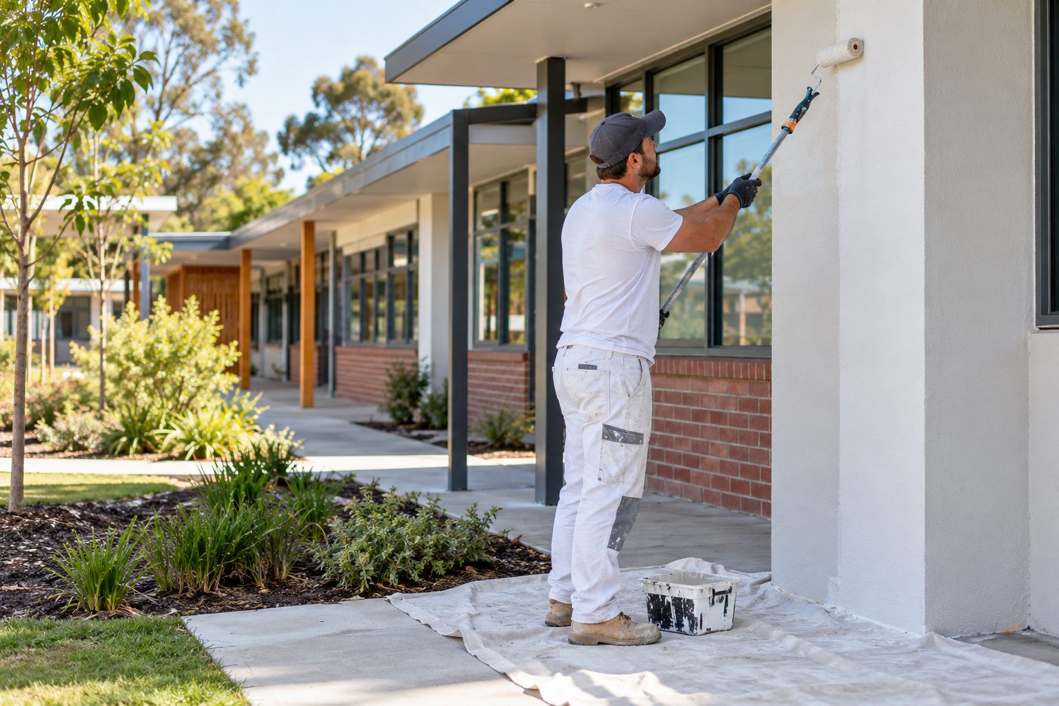 Painter working on a suitable low-rise education-building exterior in Melbourne