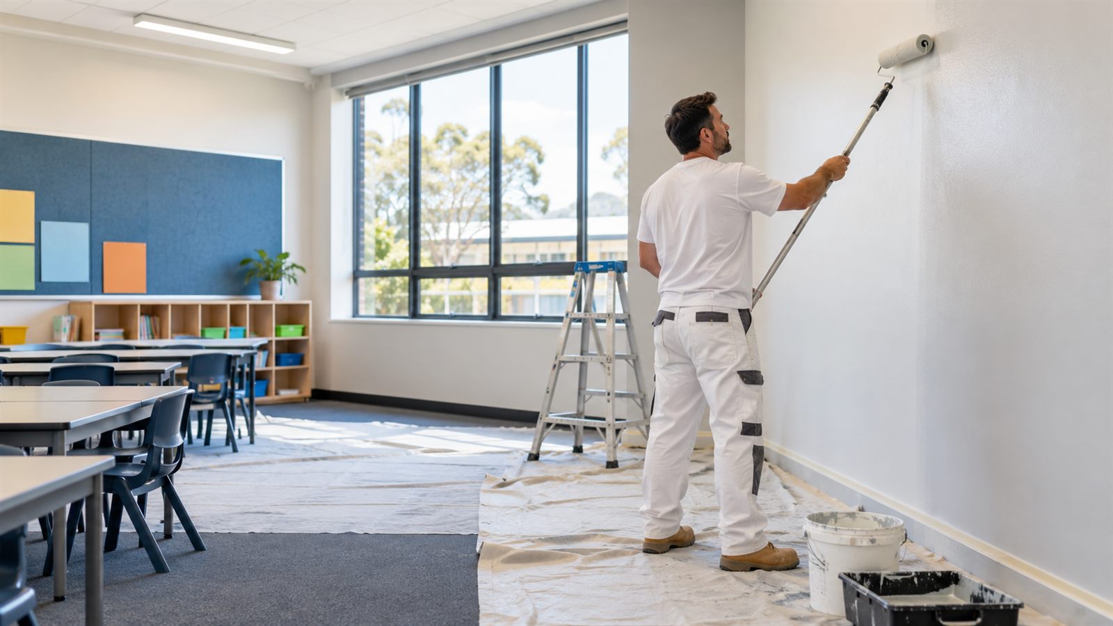 Painter repainting an empty classroom in a Melbourne education facility