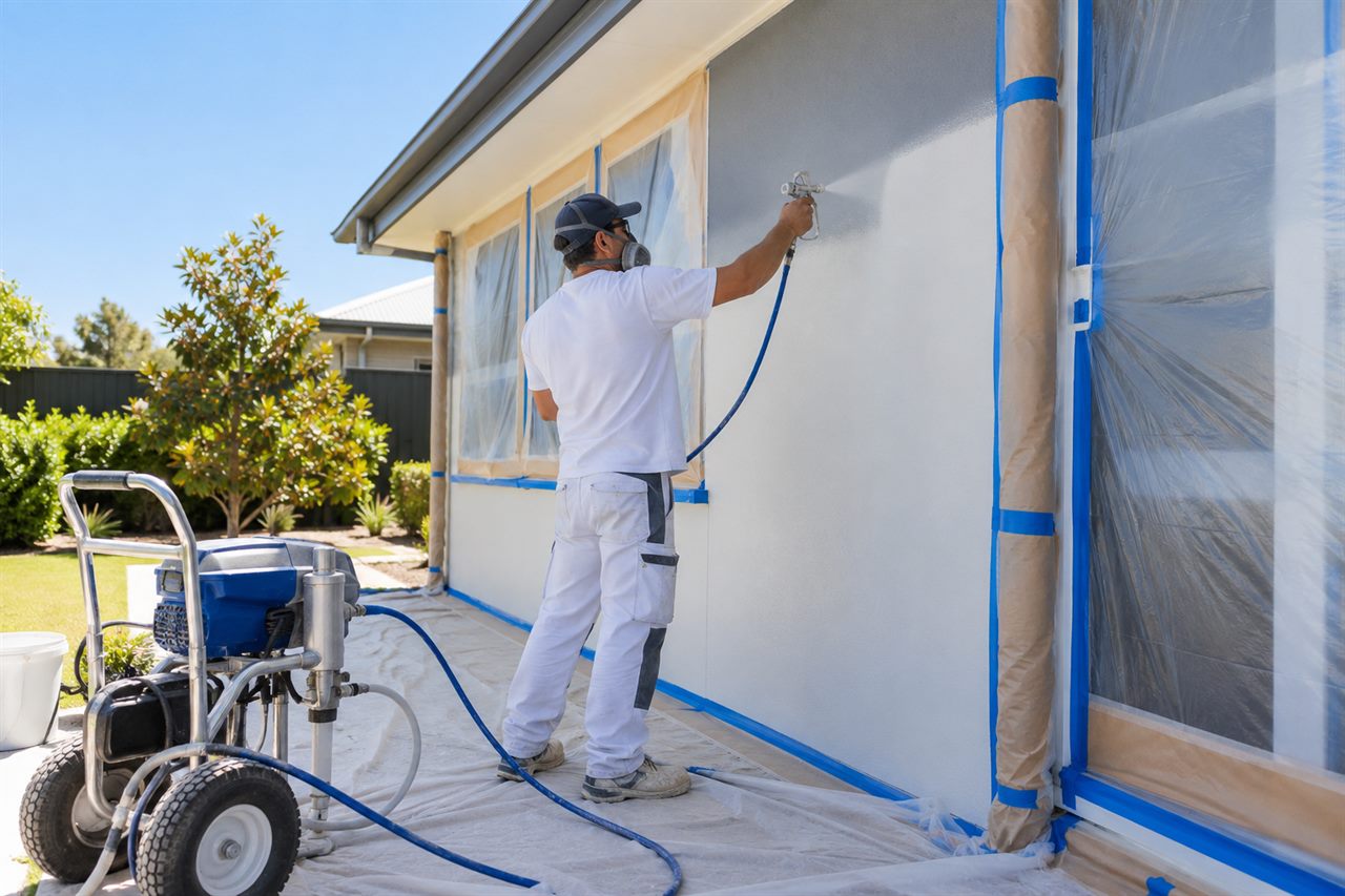 AI-generated illustrative image of spray painting with an airless sprayer